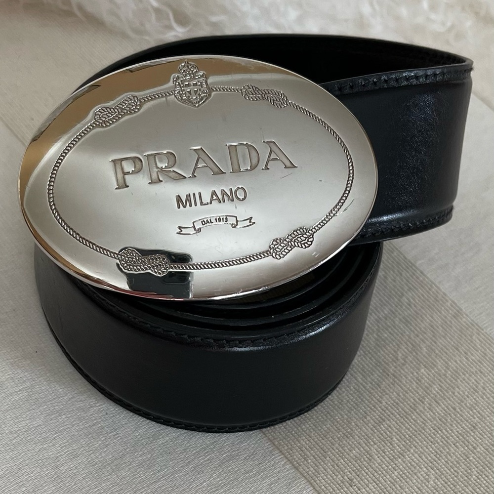 PRADA Black Leather with Silver Prada Milano Buckle Belt